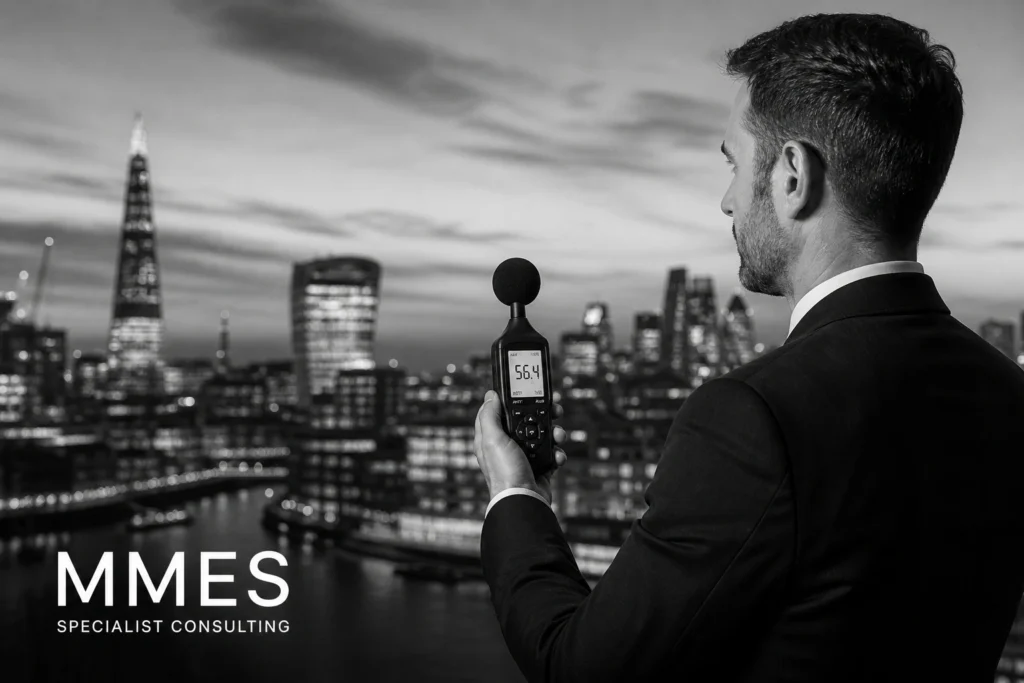 Noise assessment consultant measuring sound levels in London