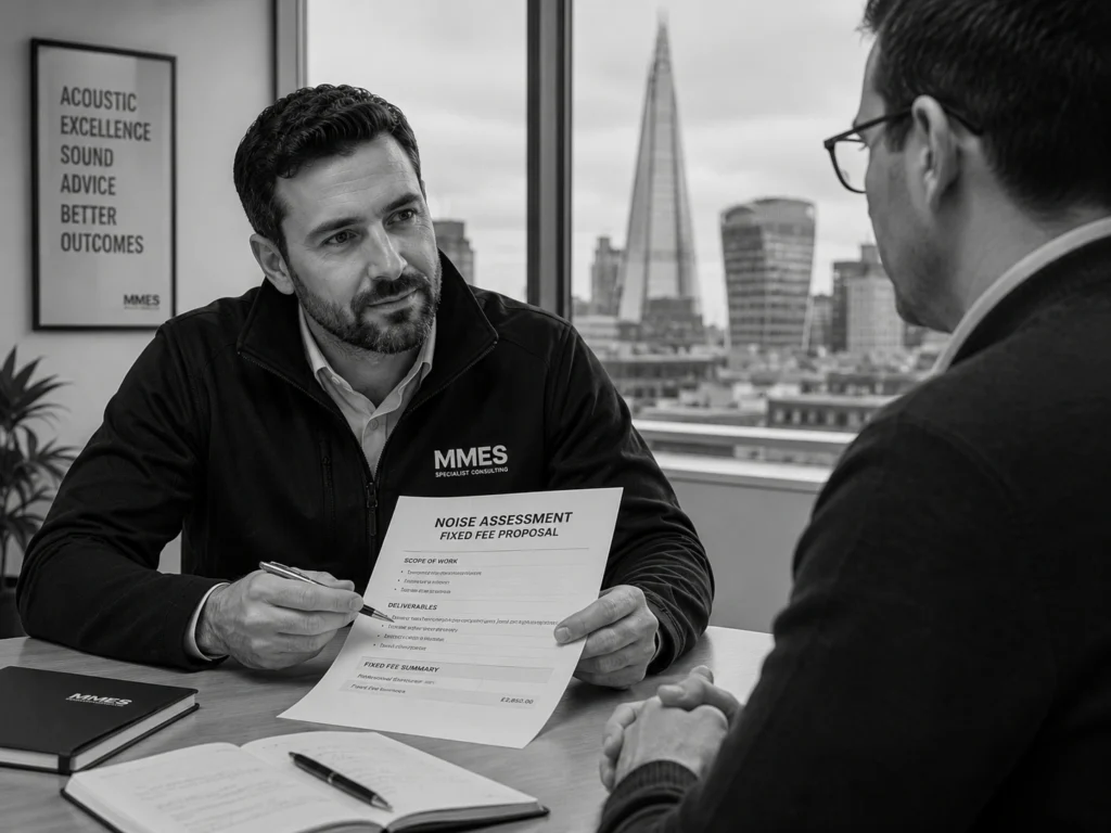 Noise consultant discussing fixed fee noise assessment cost with London client